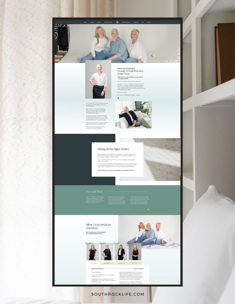 Mockup of a Showit-built website for South Rock Real Estate Group, featuring team bios and a clean, modern layout.