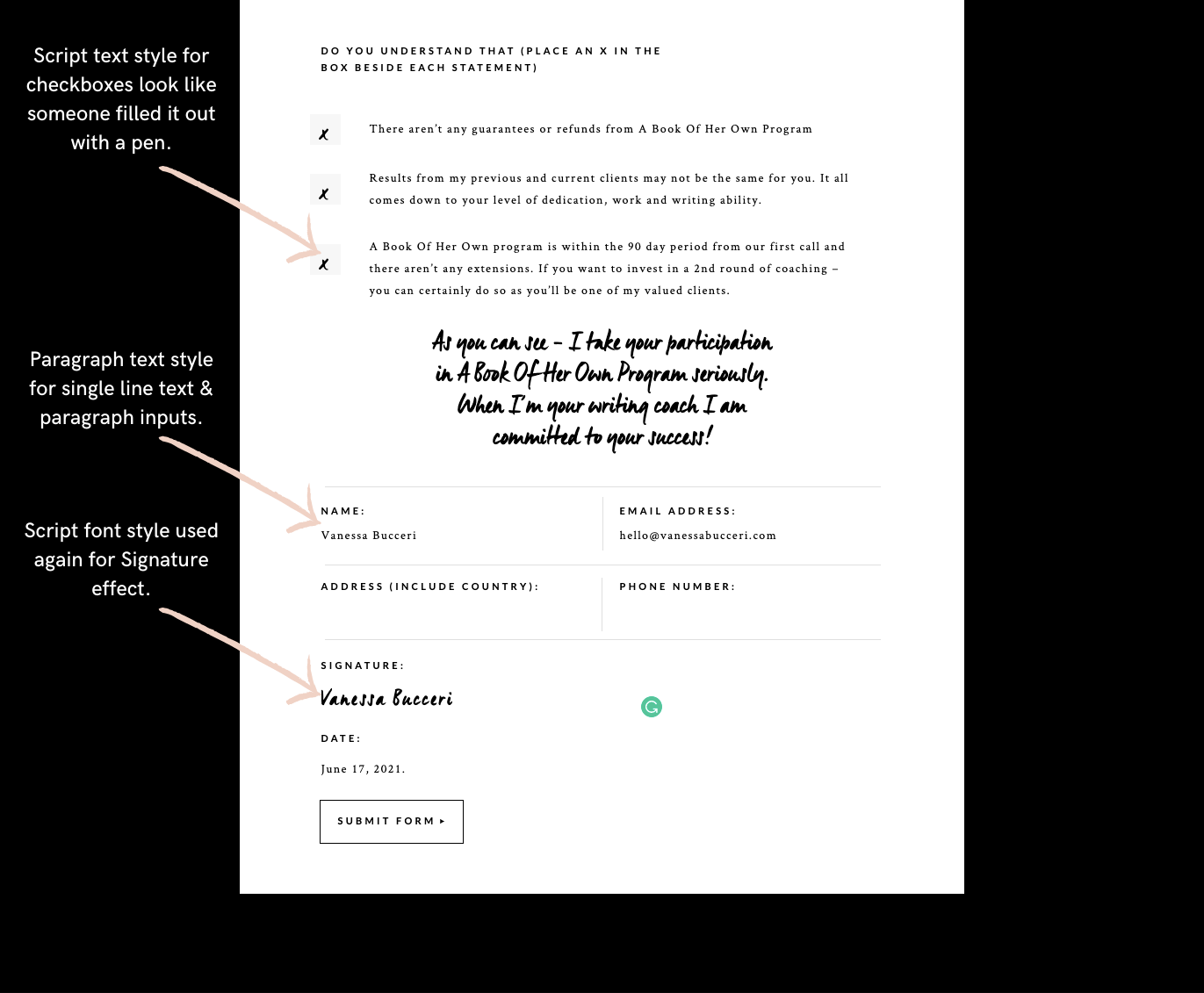 A diagram showing how we used 2 different font styles in this Showit application form for added style and visual interest.