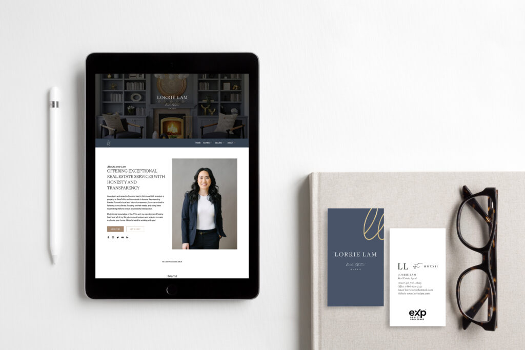 Tablet and business card mockup of personal brand for Toronto real estate agent Lorrie Lam