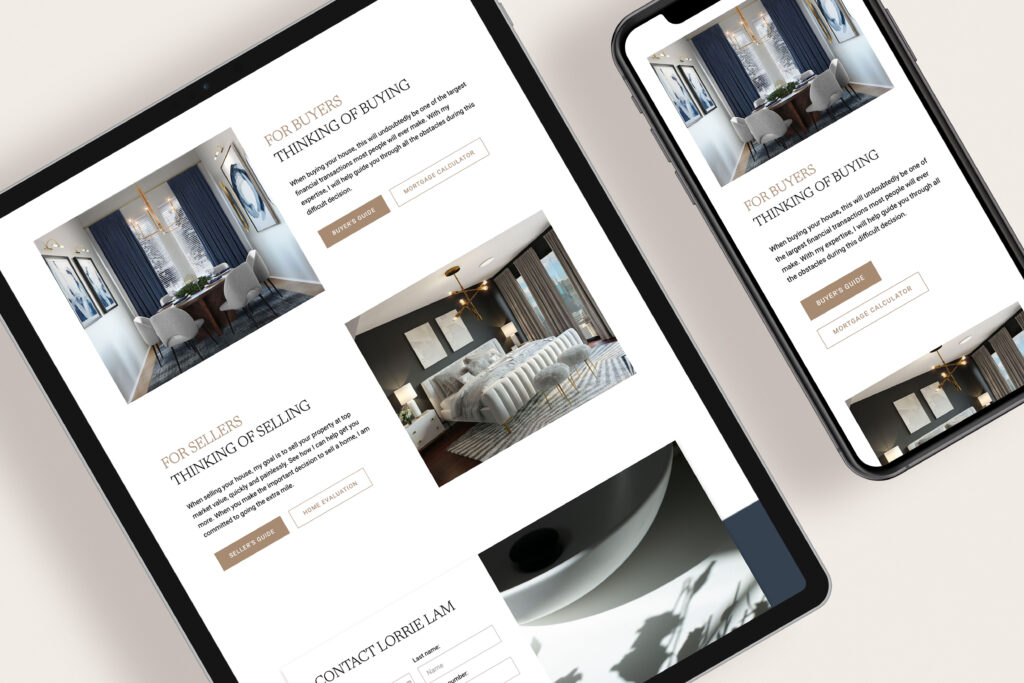 Mockup of Lorrie's real estate website featuring MLS search integration and luxury real estate branding elements