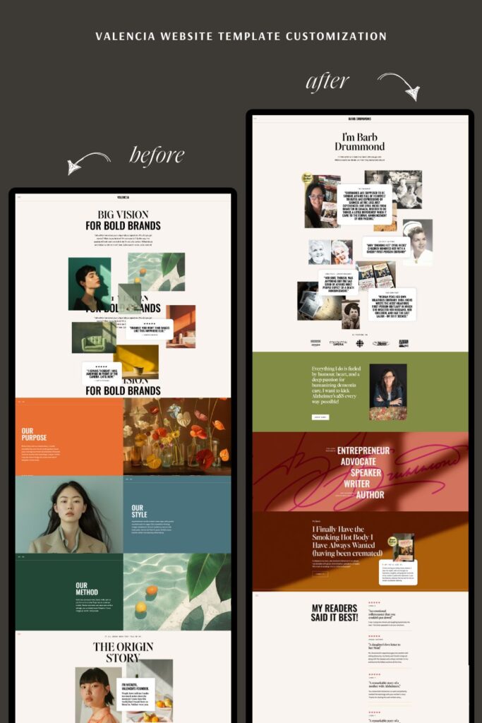 Before and after comparison of a customized Valencia Showit template for author and speaker. Original TONIC template shown on left; personalized website design with nostalgic style, book-inspired palette, and graffiti script shown on right.