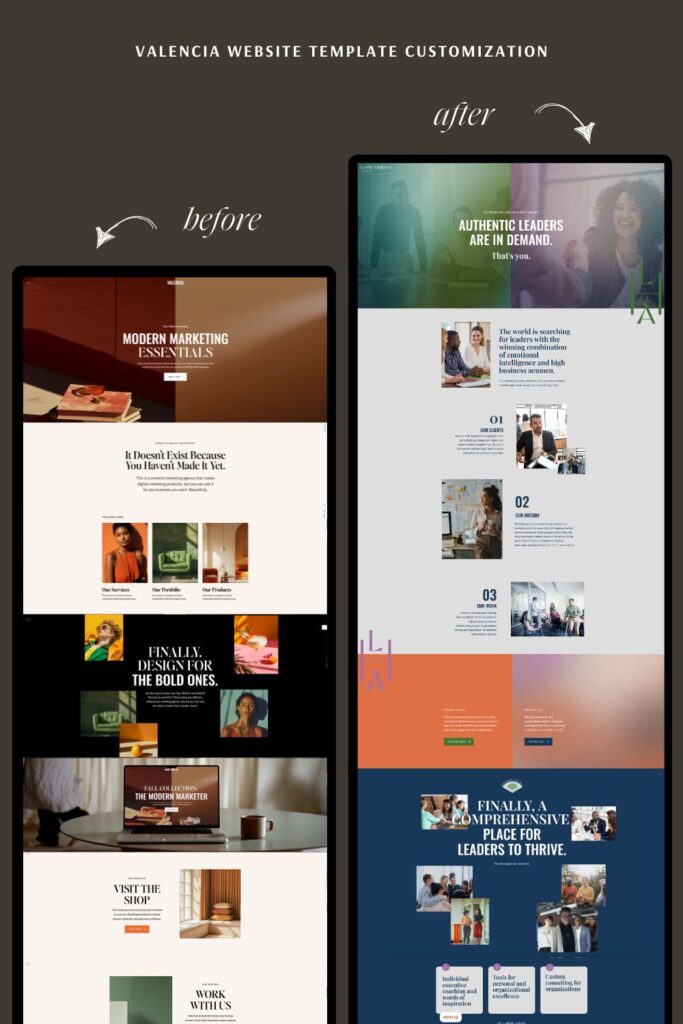 Side-by-side view of the Valencia Showit template before and after customization for leadership coach Leslie. Original TONIC Site Shop layout on left; transformed design on right featuring calming gradients, modern typography, and a reef-inspired color palette.