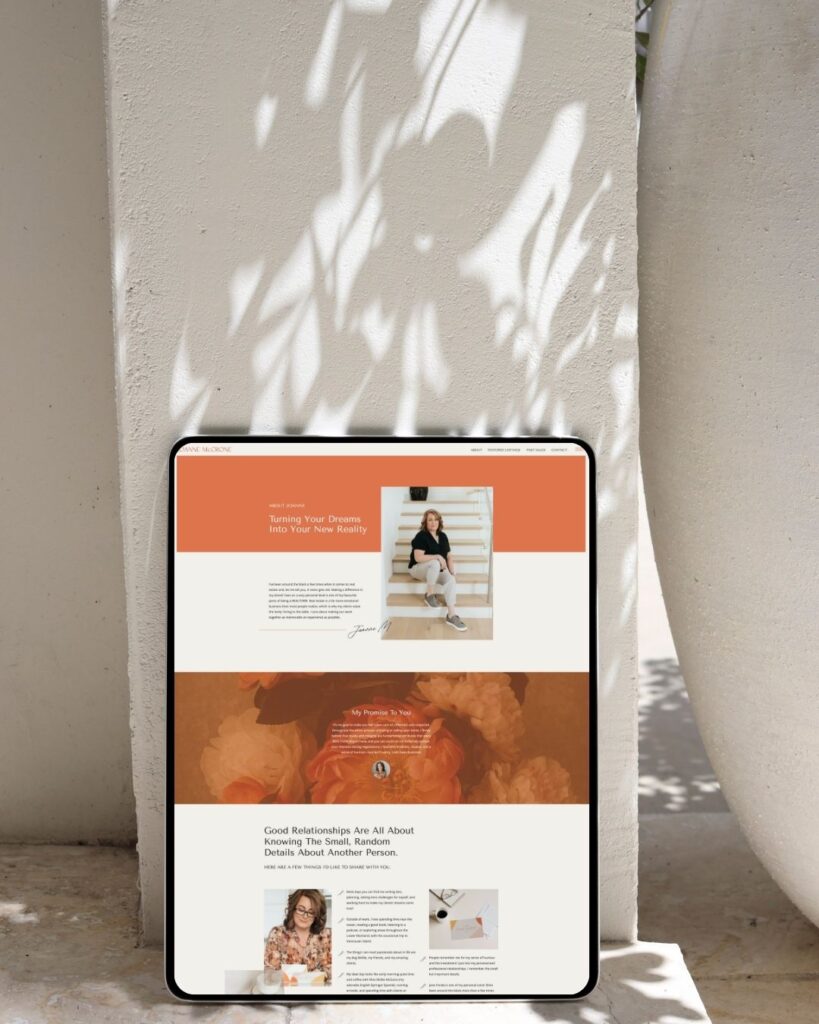 Vancouver real estate website About page mockup with orange and floral texture pattern