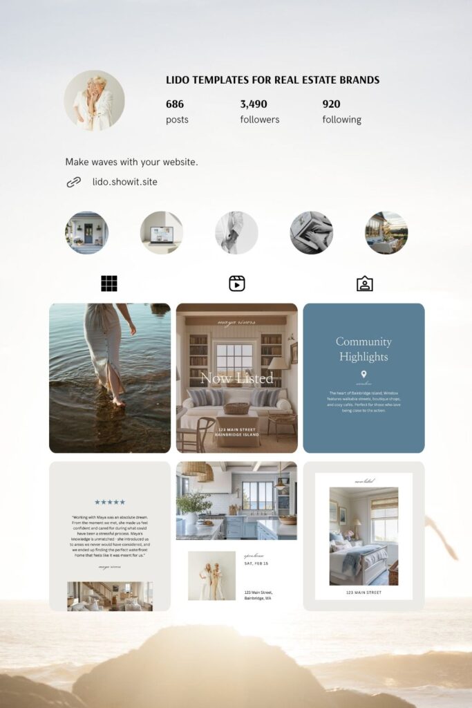 Instagram mockup showcasing free seaside-themed Showit templates designed for real estate brands.