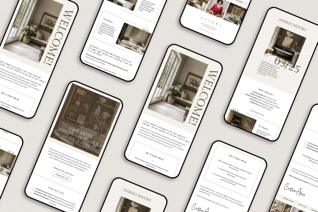 Mockup of free Flodesk email templates styled after the Atrio website design, created for real estate branding.