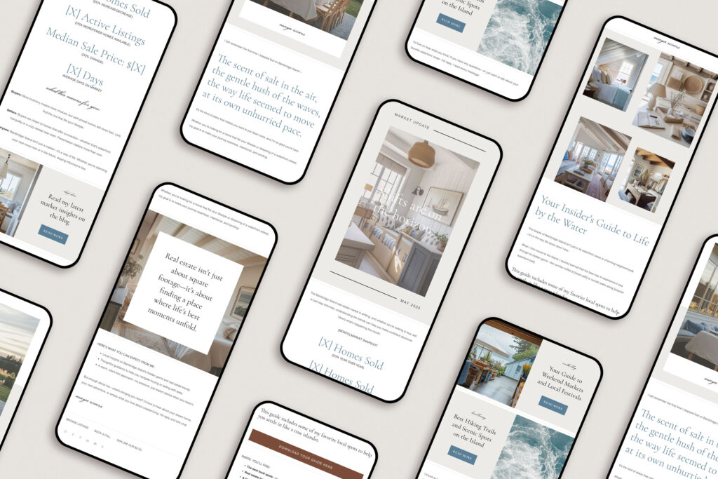 Mockup of Lido-themed Flodesk email templates for real estate, designed to match the coastal Instagram aesthetic.