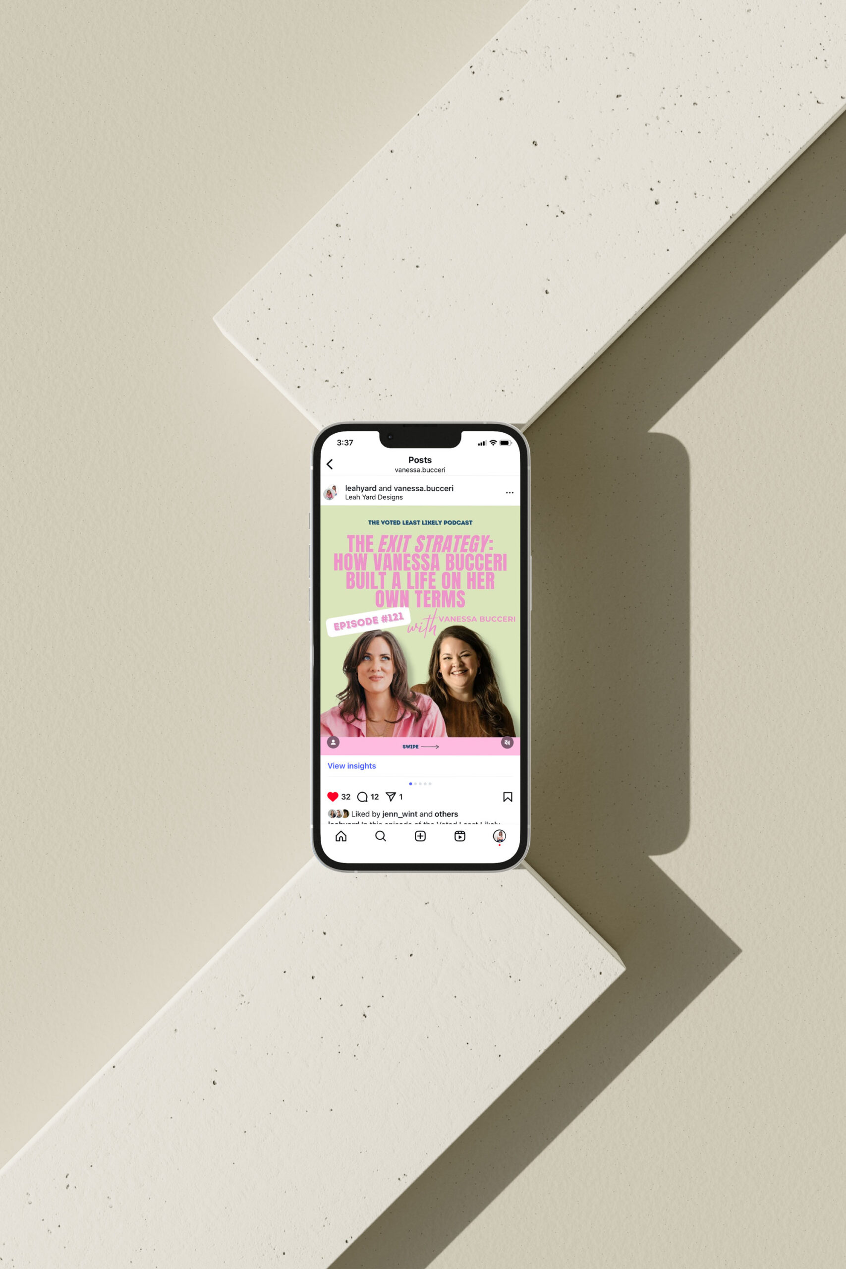 Mockup of Vanessa Bucceri’s Voted Least Likely Podcast episode titled “The Exit Strategy” displayed on a mobile phone screen.