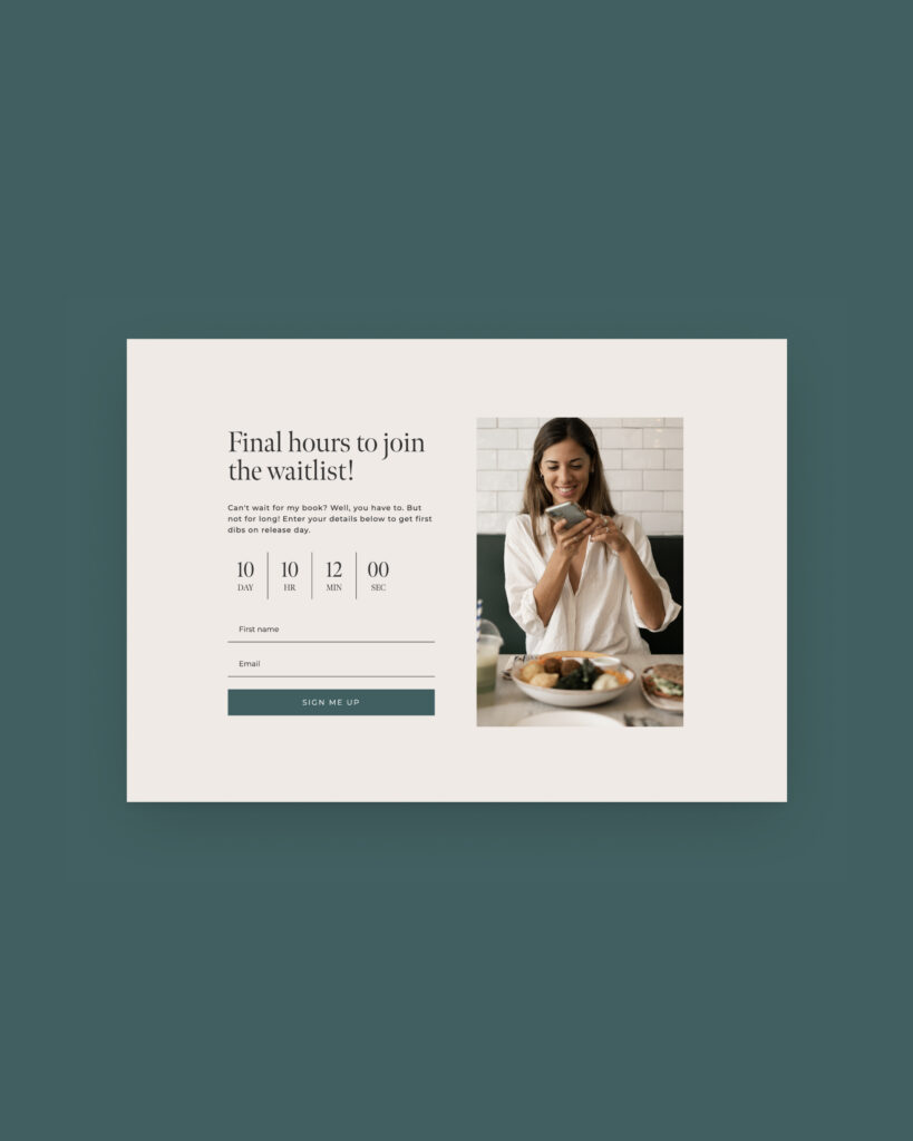Flodesk landing page design featuring a countdown timer for final hours to join a waitlist, a first name and email sign-up form, and an image of a woman sitting at a table looking at her phone.